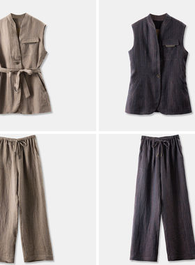 H春上7号腔调通勤 法柜100色织亚麻立领马甲+直筒裤套装女15L4 特