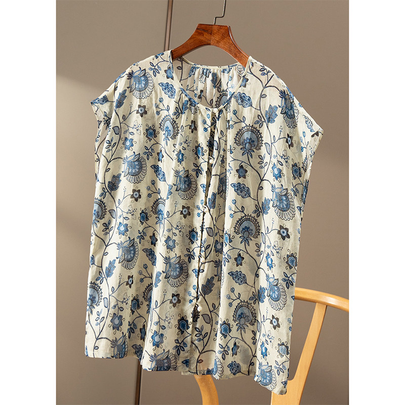 FF￥219 秒！青花缠枝  苎麻捏褶包肩袖衬衫春天家女32B9