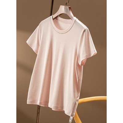 ￥秒！春天家 柔糯高级色天丝羊毛珠链圆领短袖T恤女63C9