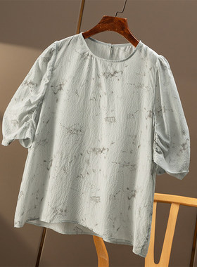 AA￥399 秒！ 气质减龄牛角袖泡泡绉真丝衬衫春天家女5Z86