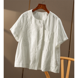 重工刺绣 春天家 天丝 亚麻圆领短袖 外套女72A8 ￥339 衬衫 秒