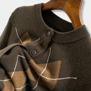 女79E7 法柜复古老钱100绵羊毛圆领毛衣开衫 特 菱格嵌花 H春上7号