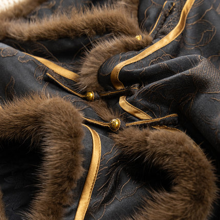 H春上7号 锦貂墨韵 新中式含真丝提花拼水貂毛棉服马甲D女19J5