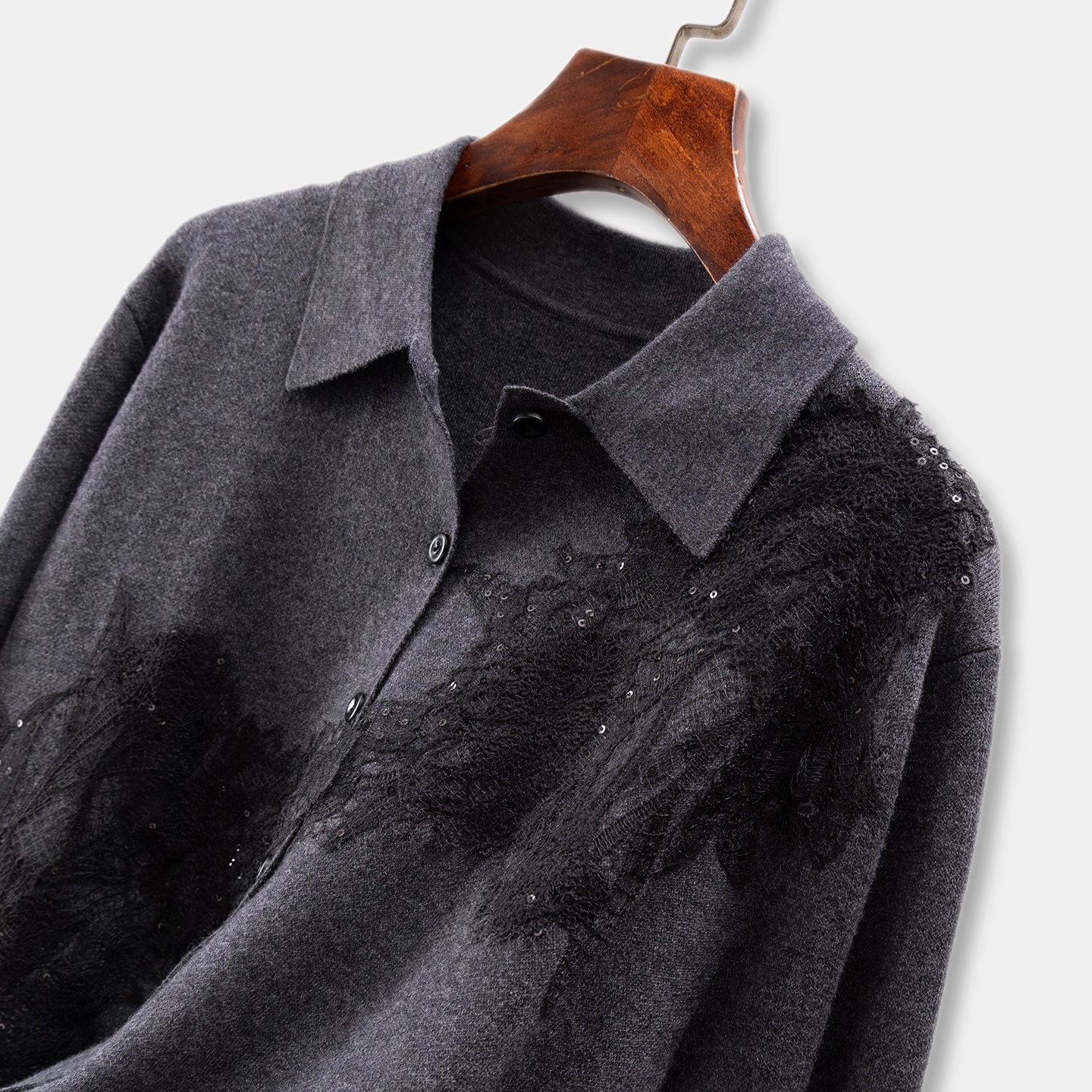 法柜精致蕾丝亮片四平针毛衣衬衫