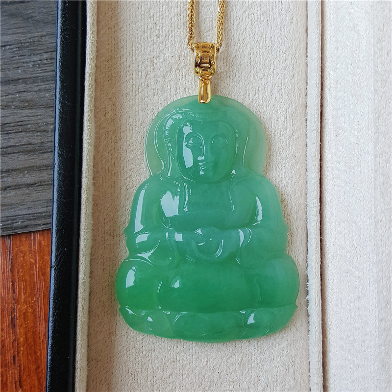 缅甸天然冰种阳绿观音翡翠吊坠