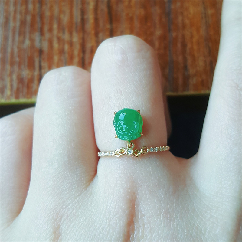 现货玉戒指天然缅甸a级翡翠貔貅戒指冰种翡翠18k金镶嵌翡翠指环女