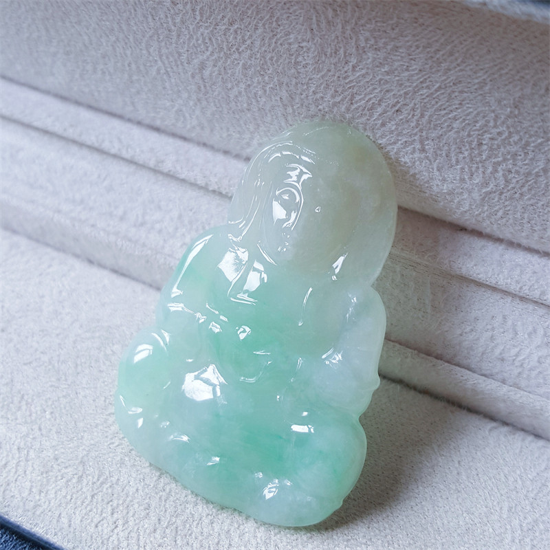 【现货】缅甸正品翡翠纯天然翡翠A货老坑种飘绿花白底青观音吊坠