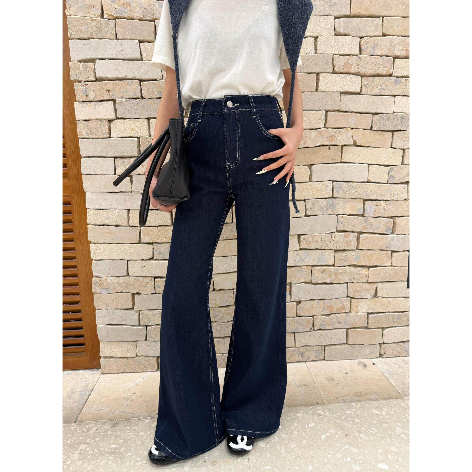 后口袋蝴蝶刺绣不贴腿喇叭裤高级防褪色四面弹牛仔裤不鼓包普洗蓝