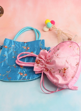 隐形手提袋手提包锦囊袋复古绣花手提袋锦缎抽拉袋首饰收纳饰品袋