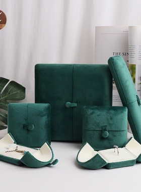 珠宝首饰品收纳新款丝绒双开盒墨绿色耳钉耳环戒指项链收纳珍珠盒