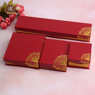 前磁铁翻盖肌理纹大红色首饰戒指 吊坠 手镯 项链礼品包装收纳盒