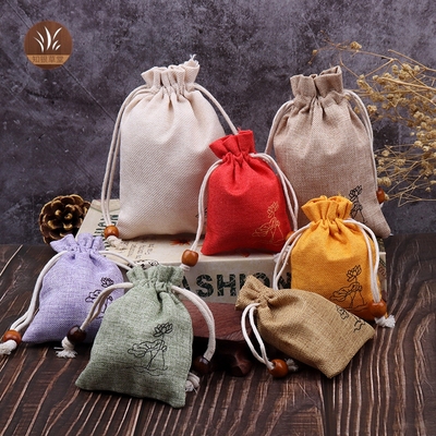 单层荷花麻布袋抽拉绳锦囊饰品