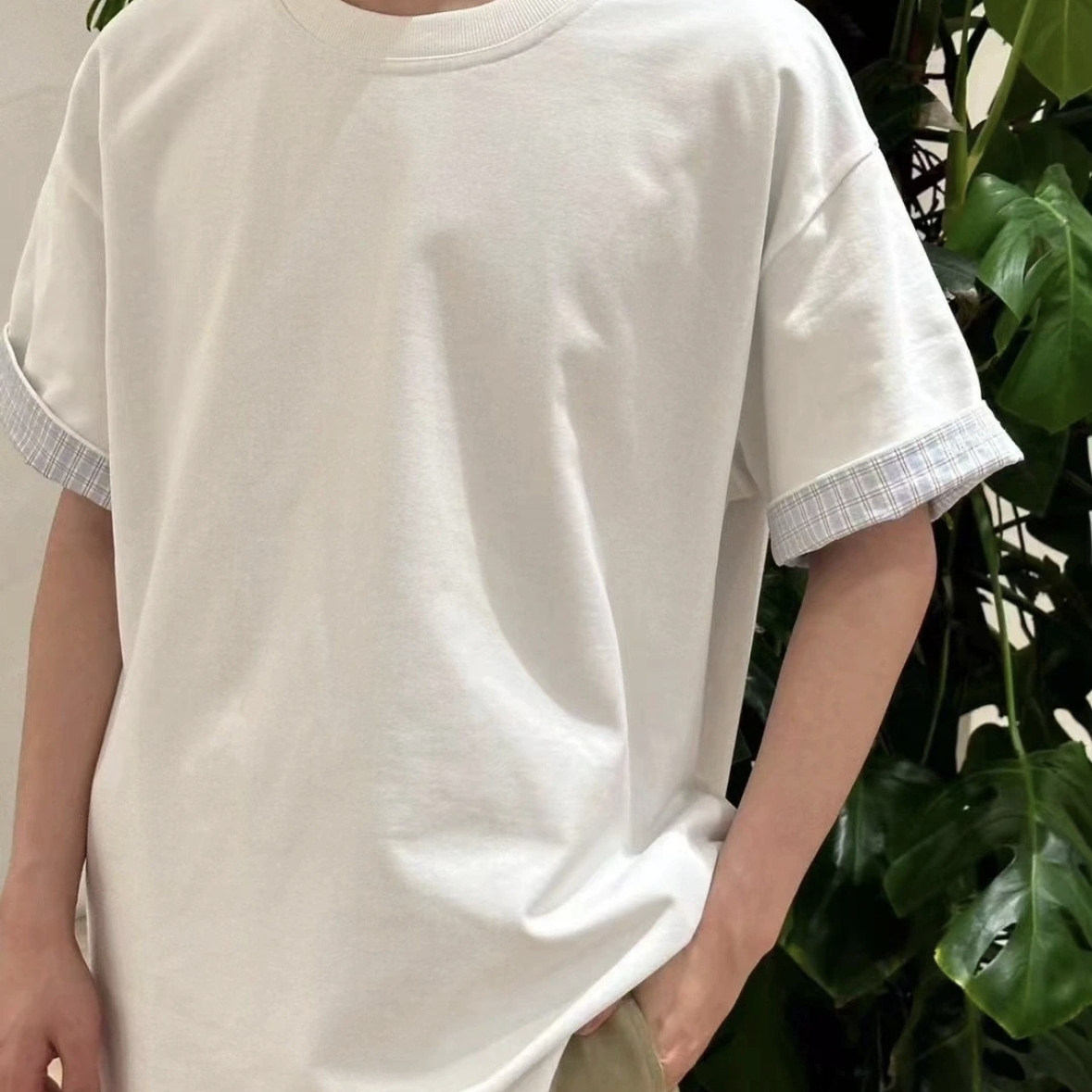 【SUNTEEZA】B/V双层格纹重磅撞色梭织条纹卷边男女款宽松短袖T恤