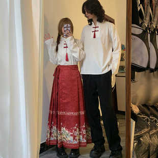 新中式 改良汉服马面裙红色套装 情侣学生班服演出服 唐装 中国风短袖