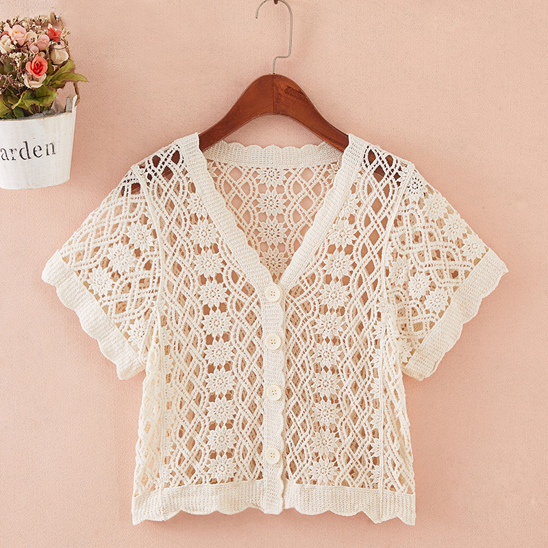 百搭短款棉线短袖镂空钩花开衫