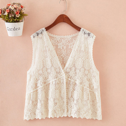 蕾丝短款马甲百搭一个扣V领