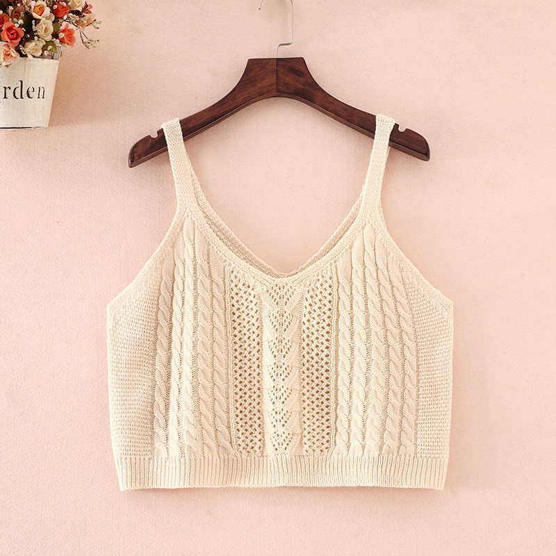 小吊带女夏季外穿短款宽松露肩上衣外搭无袖马甲针织镂空背心坎肩