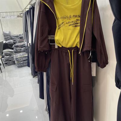 拉链连帽外套背心阔腿裤三件套女2025秋季韩版时尚洋气工装裤套装