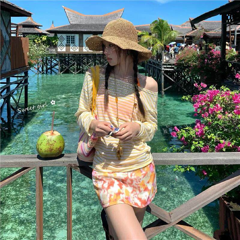 多巴胺甜美少女短裙比基尼四件套小胸分体长袖罩衫海边度假风泳衣