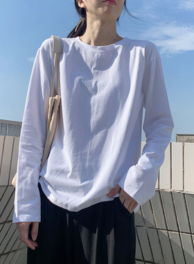 2024秋季新款百搭长袖打底衫棉质圆领上衣韩版宽松白色T恤女内搭