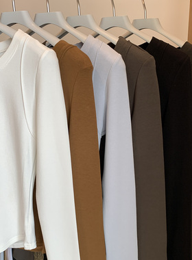 纯色t恤女长袖春秋冬2024年新款圆领打底衫内搭加绒磨毛正肩上衣