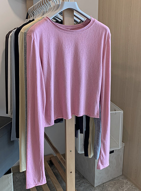 粉色卷边圆领打底衫正肩短款长袖T恤女春季2024新款辣妹内搭上衣