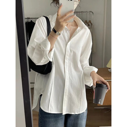 白色长袖衬衫女秋季韩版纯棉bf慵懒风休闲宽松设计感衬衣外套上衣
