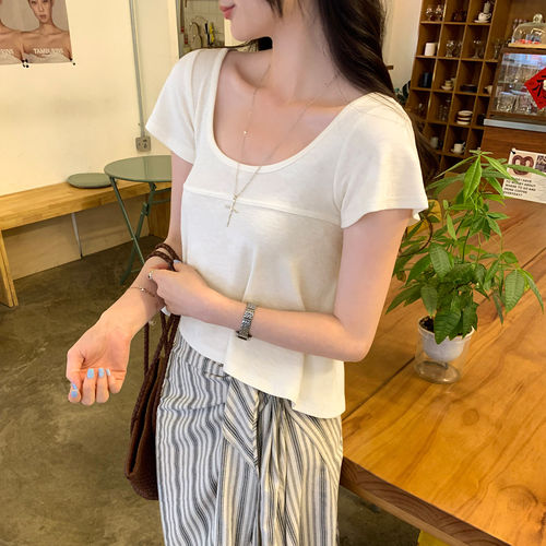 莱赛尔天丝荷叶边u领褶皱短袖T恤女2026春季新款绝美单穿短款上衣