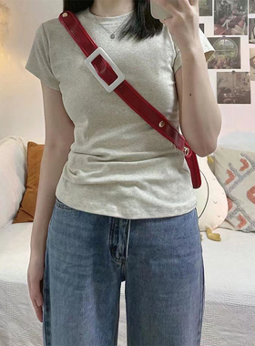 正肩短袖t恤女夏季美式复古修身显瘦纯色休闲叠穿圆领内搭上衣ins