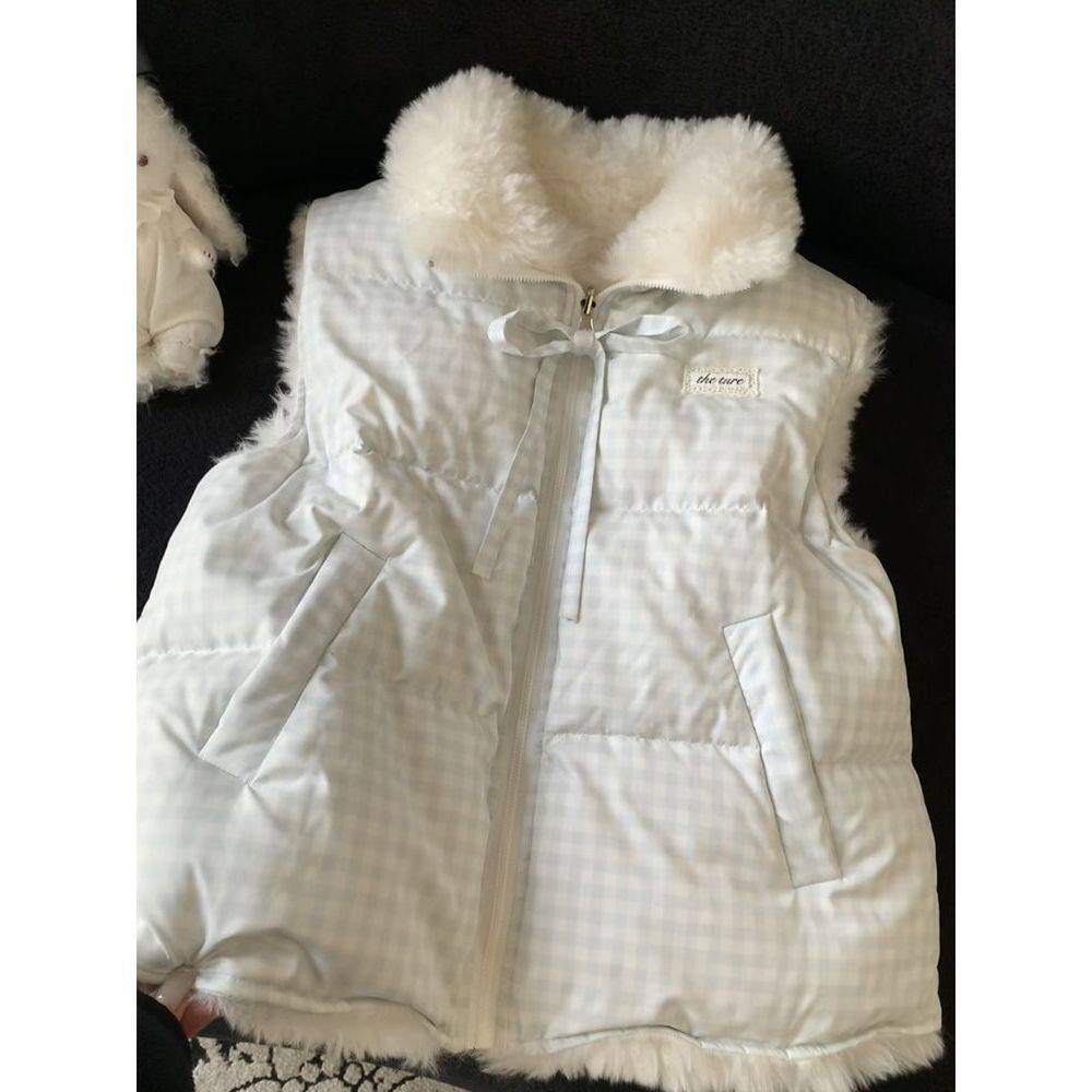 2025冬季甜美可爱baby蓝格纹毛茸茸蝴蝶结小个子加绒保暖马甲外套,女装/女士精品,马夹,淘宝优惠券,粉丝福利购,淘宝优惠卷