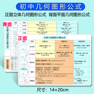 初中几何公式图形面积体积表立体计算知识点大全数理化归纳便携卡