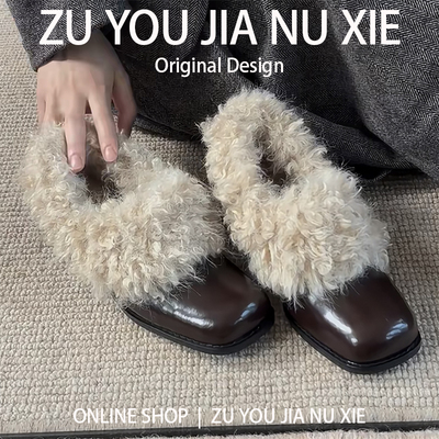 牛皮兔毛版~方头毛毛鞋女冬外穿