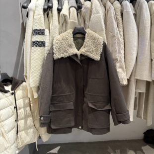 韩国东大门2025冬季 复古巴恩风翻领拼接羊羔毛领羽绒服女外套 新款