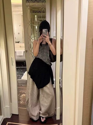 博主同款黑白格亚麻吊带背心