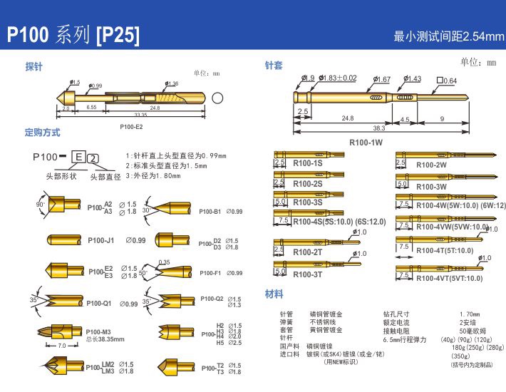 热卖 华荣探针P100-H2 测试针G D M3 Q1 J E F 1.36弹簧顶针 电子元器件市场 测试针/探针 原图主图