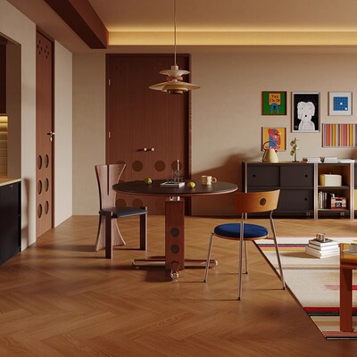 波尔卡圆桌包豪斯实木中古风餐桌