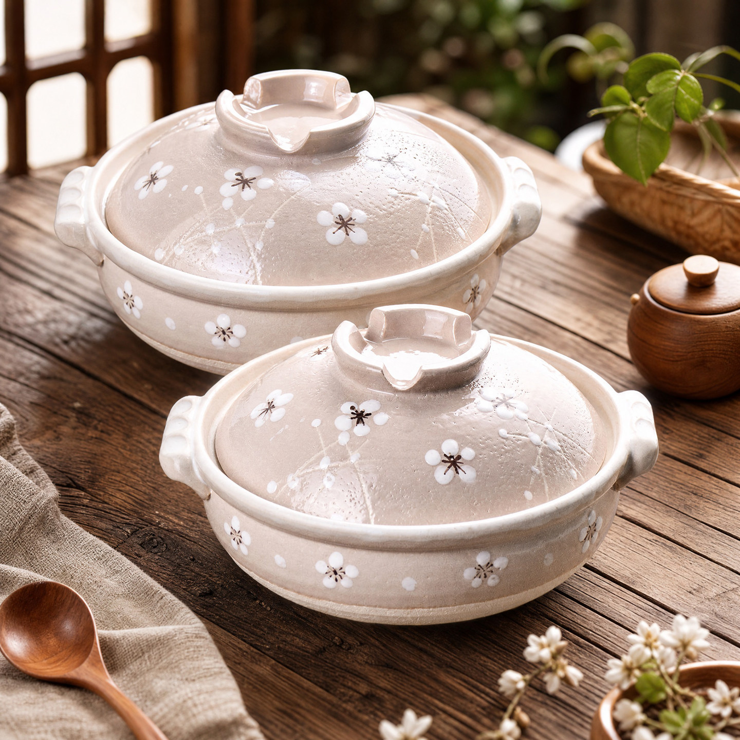 万古烧山茶花日本进口陶土耐热砂锅煲粥煲汤家用燃气煲仔饭炖锅