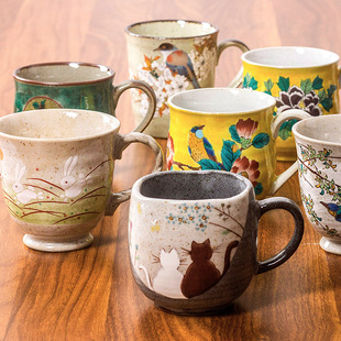 日本进口 九谷烧复古粗陶马克杯猫咪咖啡杯茶杯 结婚生日礼物杯子