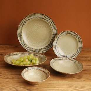 日本进口美浓烧松叶陶瓷复古风深盘做旧盘子菜盘碗圆形釉下彩餐具