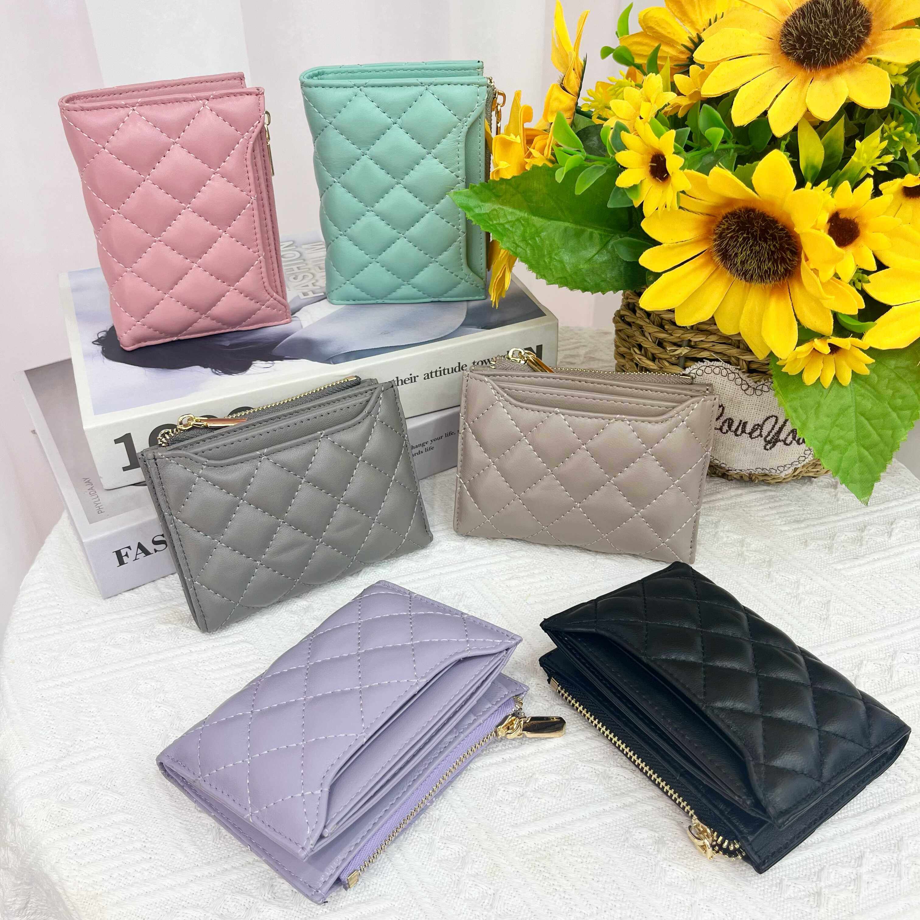 真皮小钱包女全羊皮短款钱夹女菱格卡包欧美气质零钱包子母包