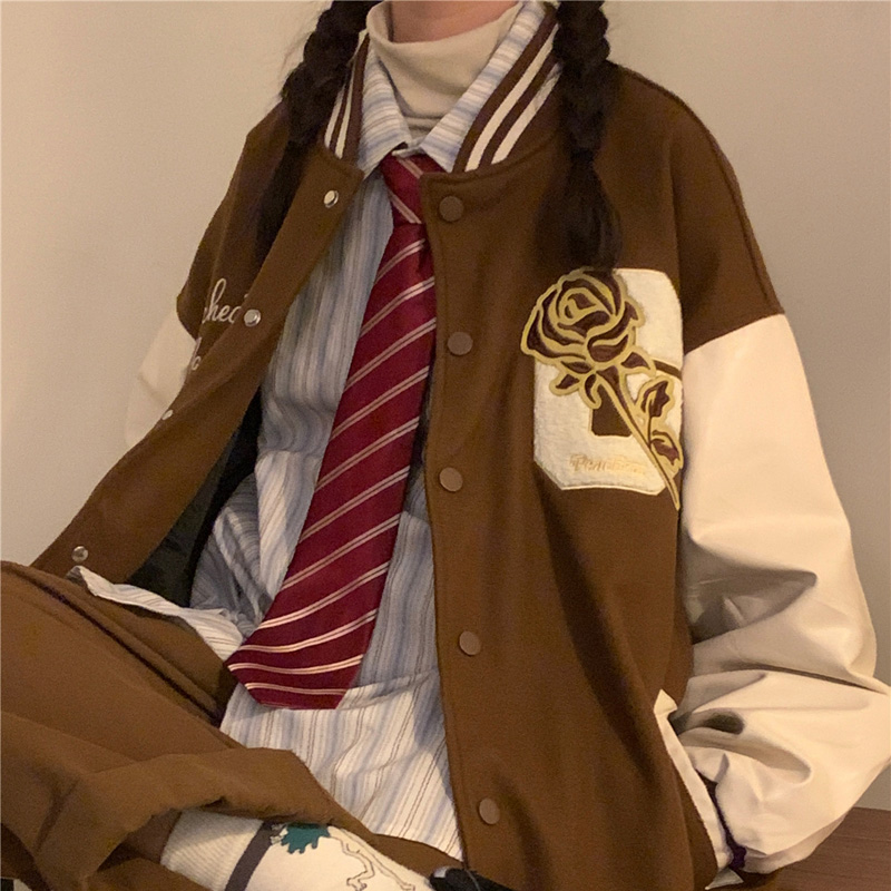学院风枣红经日系条纹免打领带女