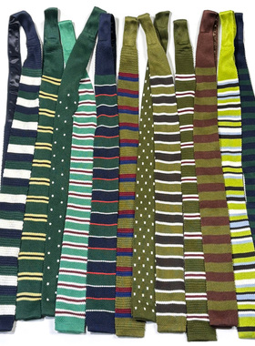 复古针织领带绿色平头手打长条腰带百搭多彩横条纹学生个性装饰女