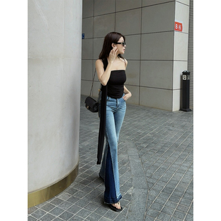 UMI拼色微喇牛仔裤女高腰显瘦修身百搭弹力喇叭裤2025年夏季新品