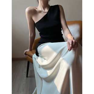 开叉斜肩针织衫 新品 女修身 纯色上衣2025年夏季 无袖 米米小姐法式