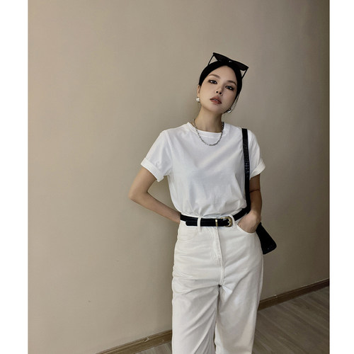 圆领正肩圆领短袖白色T恤