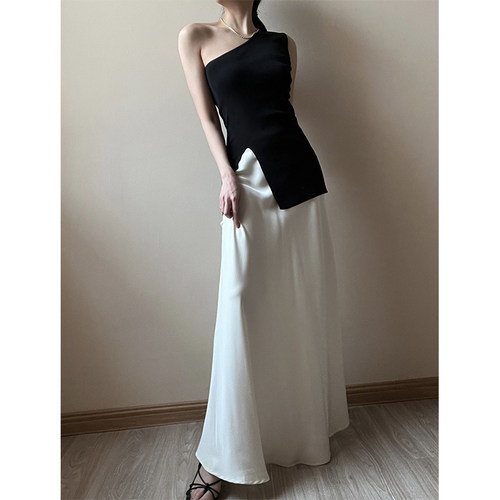 高腰缎面鱼尾裙中长款法式a字