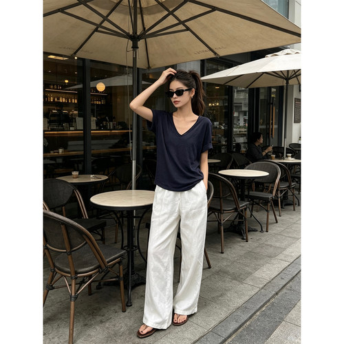 宽松欧美V领短袖T恤女薄款微透