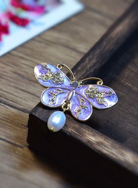 紫色复古民族风旗袍珍珠配饰蝴蝶胸针别针高版本高档女士丝巾扣