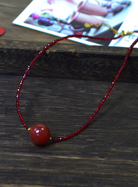 本命年礼物红色玛瑙圆珠吊坠项链短款锁骨链复古百搭颈链新年饰品
