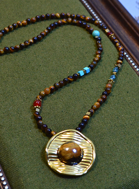 虎眼石吊坠项链秋短款秋冬新款美拉德气质款毛衣链高端配饰女款